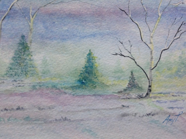 Watercolor Winter Sunrise and Snow