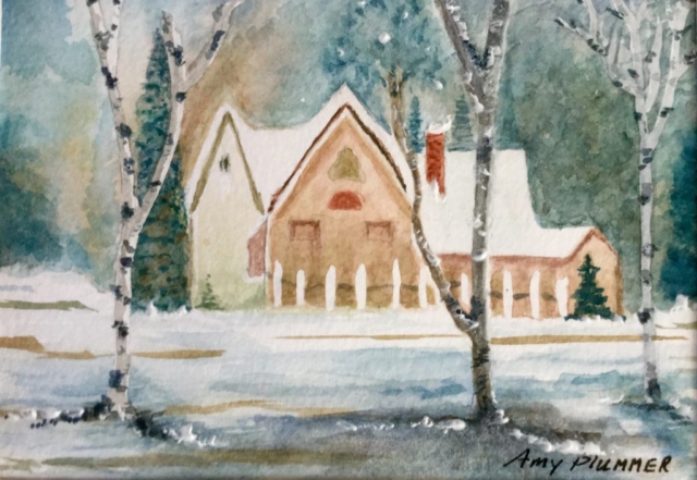 Watercolor Church in Snow