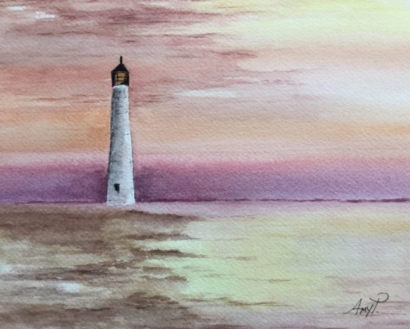 Watercolor Sunset and Lighthouse / 4x6 notecard option