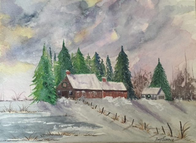 Watercolor House on the Hill Christmas Card