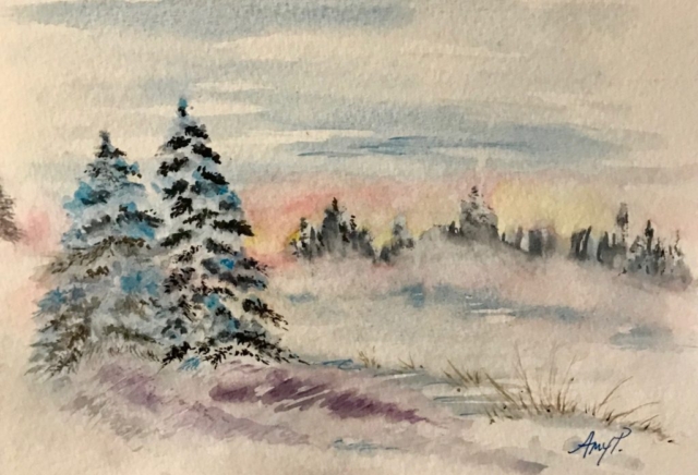 Watercolor Winter Sunrise and Trees